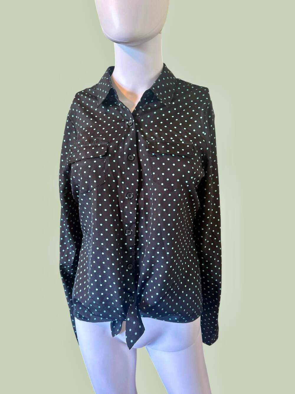 Y2K 1888 Brand Black and Mint Green Polka Dot Long Sleeve Button-Down Blouse